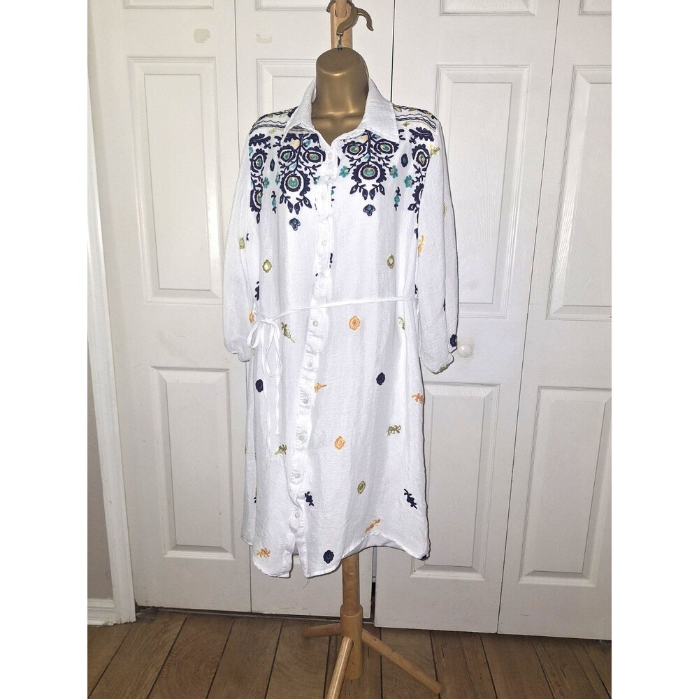 Anthropologie Kindred White Floral Embroidered Shirt Dress 3X Belt Boho Cottage